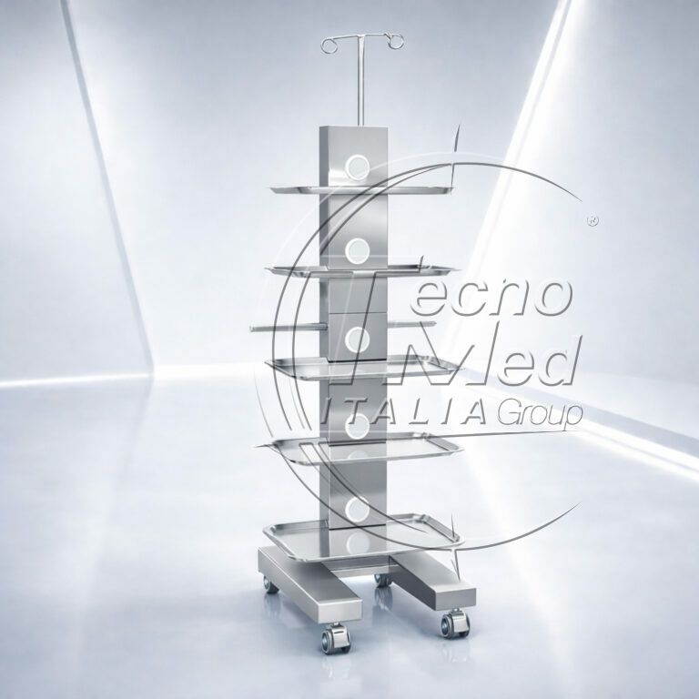 Carrello elettrificato medicale Easy Tray acciaio inox con 5 vassoi in acciaio, asta porta flebo e struttura compatta su ruote con freno