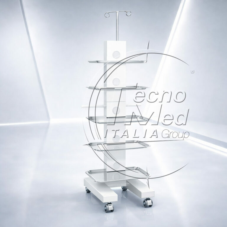 Carrello elettrificato medicale Easy Tray acciaio bianco con 5 vassoi in acciaio, asta porta flebo e struttura compatta su ruote con freno