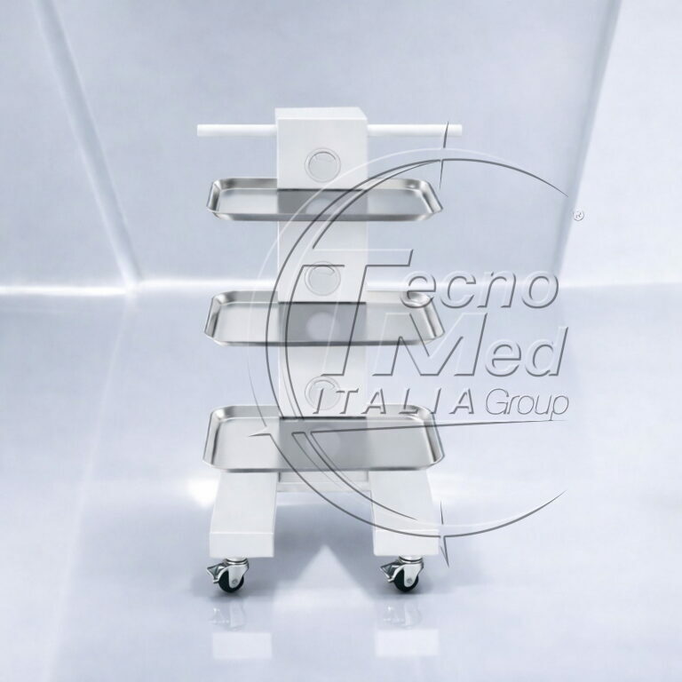 Carrello elettrificato medicale Easy Tray Nano in acciaio bianco con 3 vassoi in acciaio e struttura compatta su ruote con freno