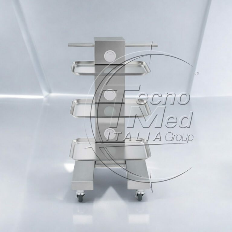 Carrello elettrificato medicale Easy Tray Nano in acciaio inox con 3 vassoi in acciaio e struttura compatta su ruote con freno